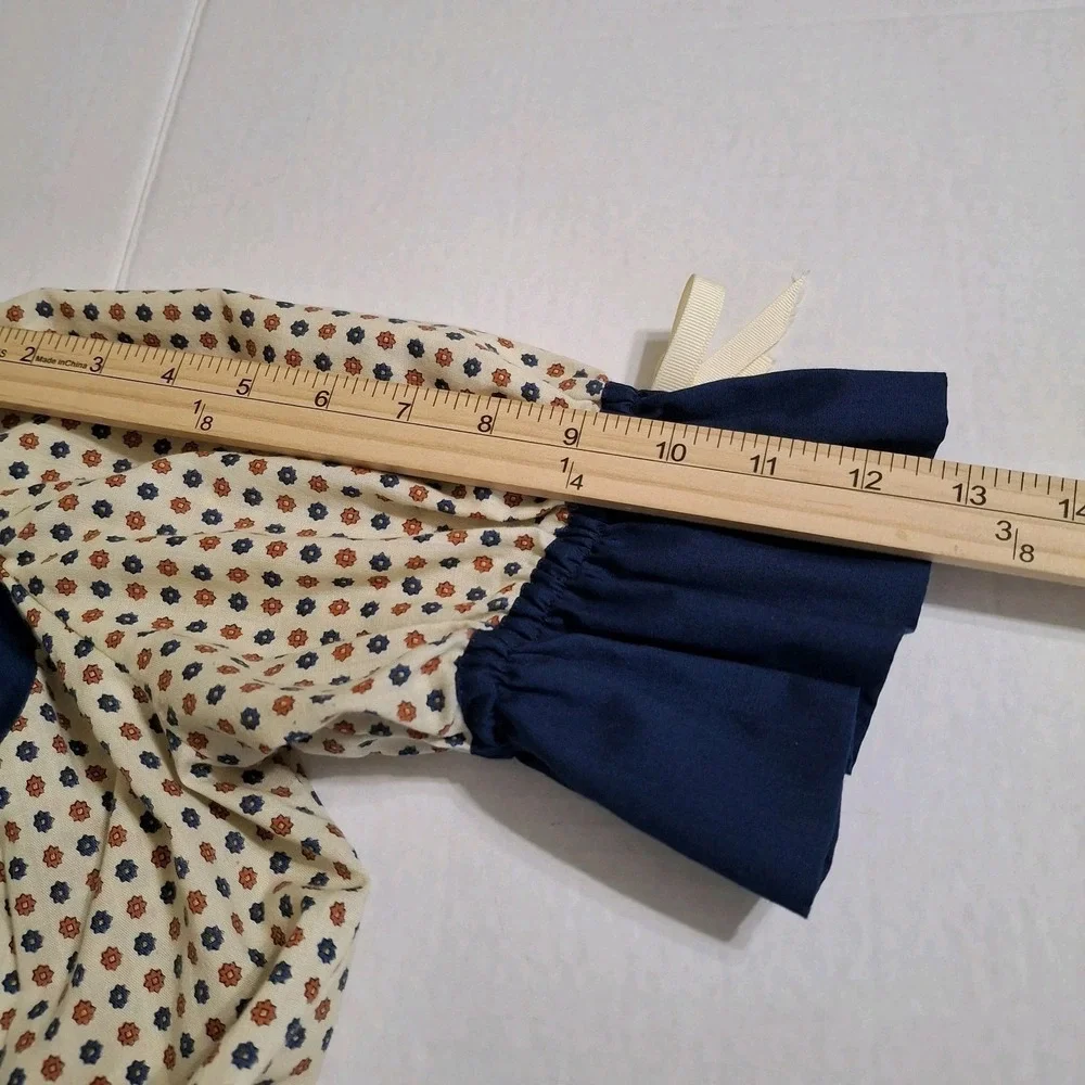 Handmade Girl Dress Size 16 Navy Floral   Short Puff Sleeve Ruffled Bows Country